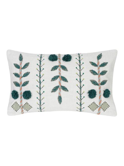 Set of 2 White & Green Cotton Embroidered Square Cushion Covers