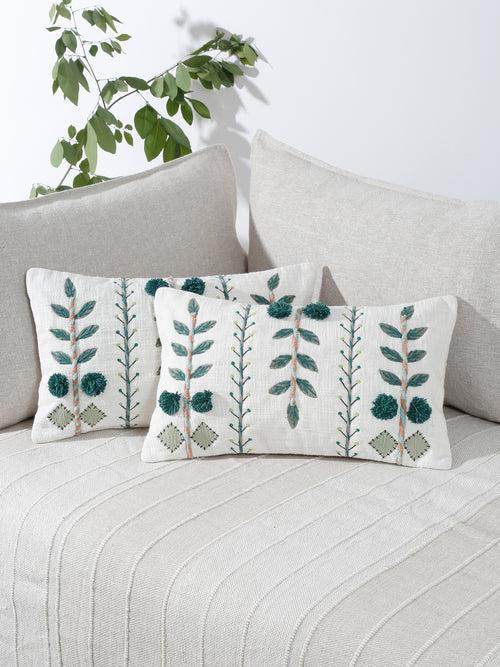 Set of 2 White & Green Cotton Embroidered Square Cushion Covers