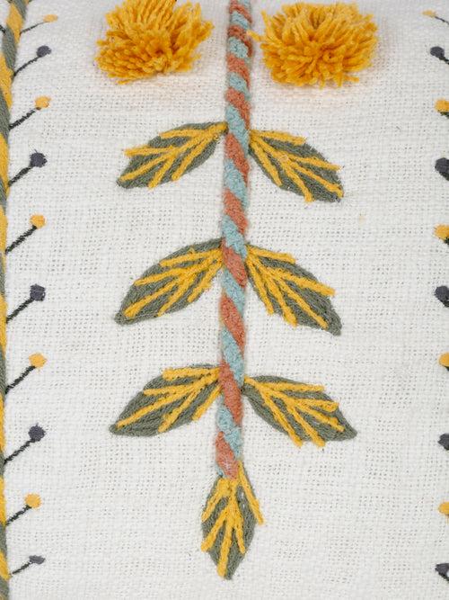 Set of 2 White & Yellow Cotton Embroidered Square Cushion Covers