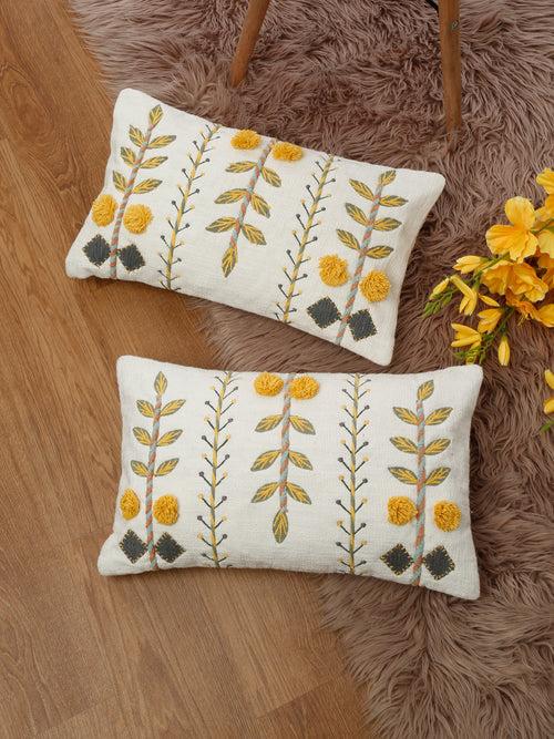 Set of 2 White & Yellow Cotton Embroidered Square Cushion Covers