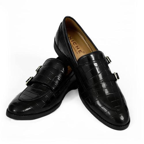 NICHE Black Croc Elite Double Monk Slip-Ons