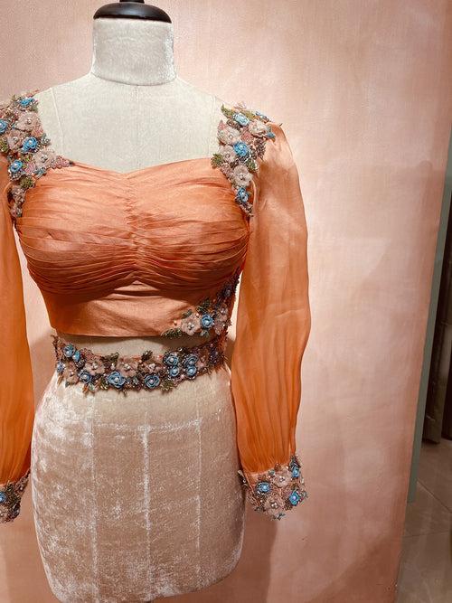 3D floral embroidered draped blouse