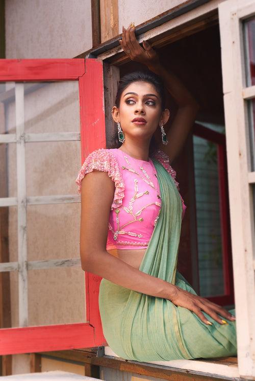 Pink Raw Silk Bustier Top With Soft Net Outer Blouse