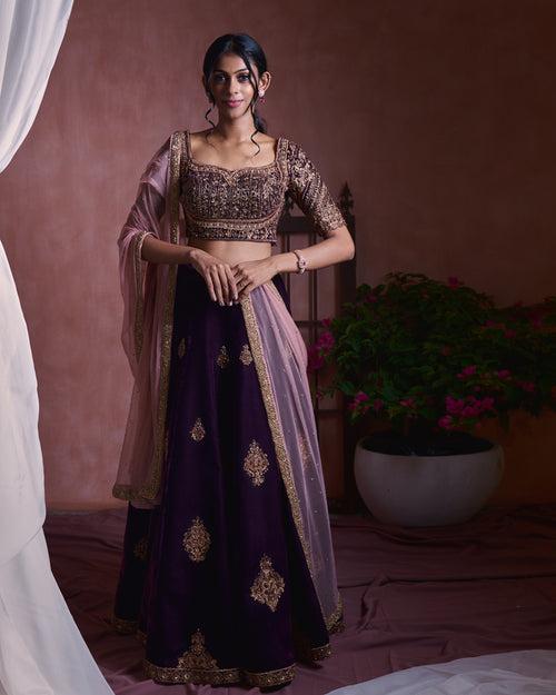 Deep maroon aari embroidered lehenga set