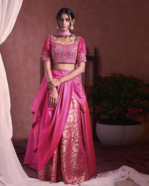 pink embroidered drape lehenga set