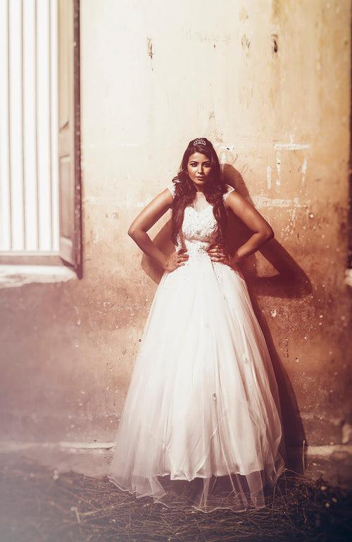 High neck cap sleeve white tulle gown