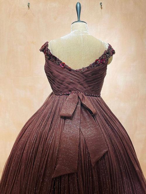 Burgundy shimmer chiffon draped  off shoulder  ball gown