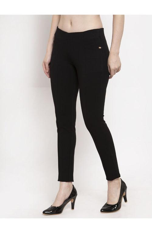 Women Black Solid Regular Treggings