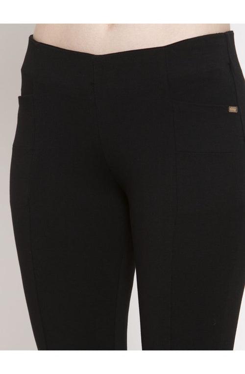 Women Black Solid Regular Treggings