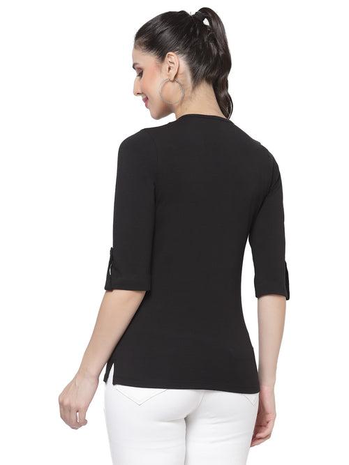 Women Black Henley Neck Roll-Up Sleeves Antimicrobial T-shirt