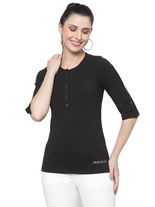 Women Black Henley Neck Roll-Up Sleeves Antimicrobial T-shirt