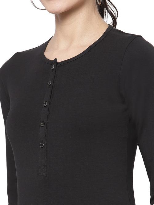 Women Black Henley Neck Roll-Up Sleeves Antimicrobial T-shirt