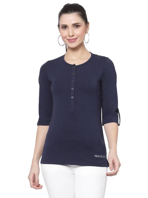 Women Navy Henley Neck Roll-Up Sleeves Antimicrobial T-shirt