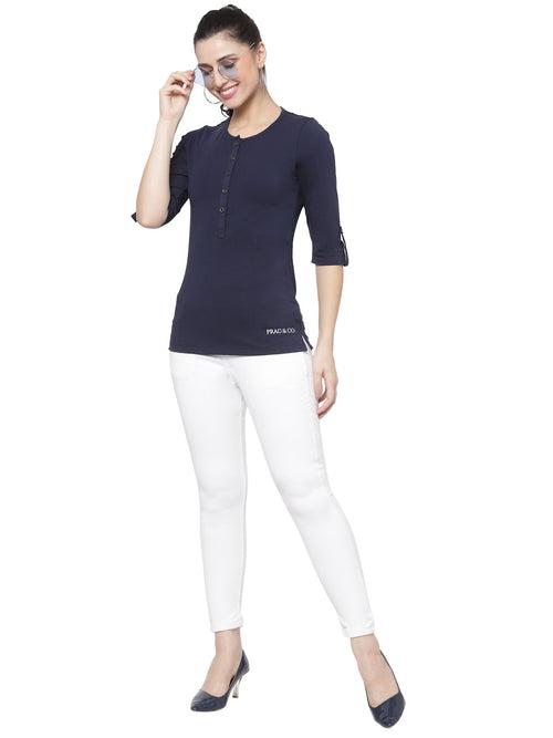 Women Navy Henley Neck Roll-Up Sleeves Antimicrobial T-shirt