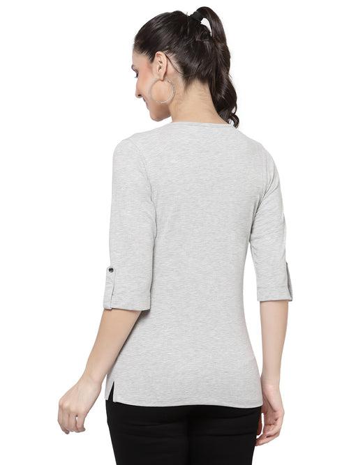 Women Melange Grey Henley Neck Roll-Up Sleeves Antimicrobial T-shirt