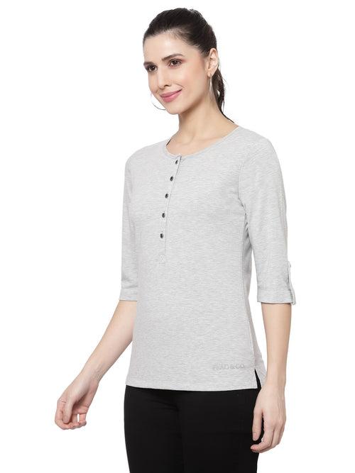 Women Melange Grey Henley Neck Roll-Up Sleeves Antimicrobial T-shirt