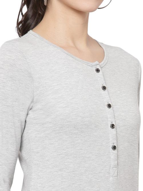 Women Melange Grey Henley Neck Roll-Up Sleeves Antimicrobial T-shirt