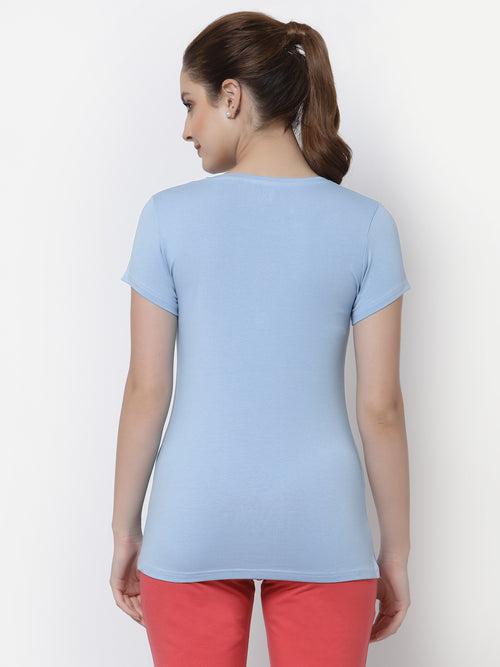 Round Neck Placement Print T-Shirt - Aqua Marine