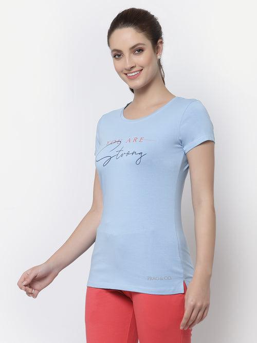 Round Neck Placement Print T-Shirt - Aqua Marine