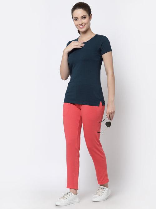 Women Turquoise Solid slim fit round neck T-shirt