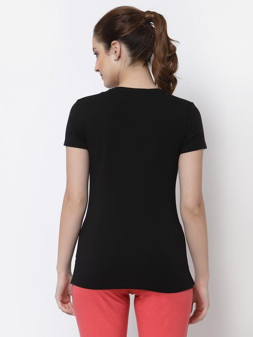 Round Neck Placement Print T-Shirt - BLACK