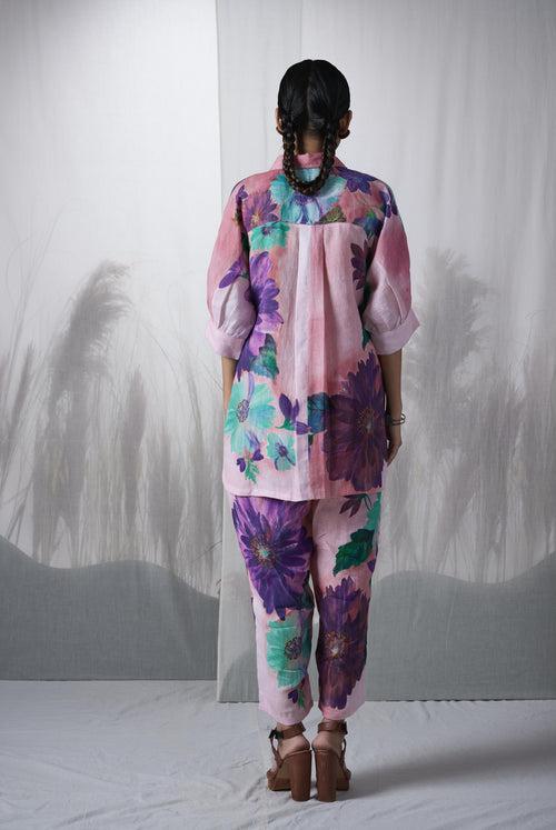 Pink floral printed, hand woven linen Kauri kimono shirt paired with pants, Sustainable Cord set