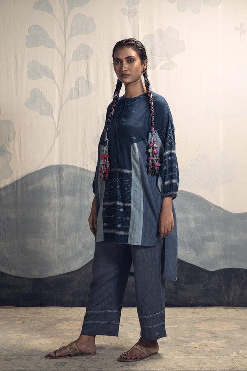 Natural dyed indigo hand woven khadi cotton jamdani asymetric cord set