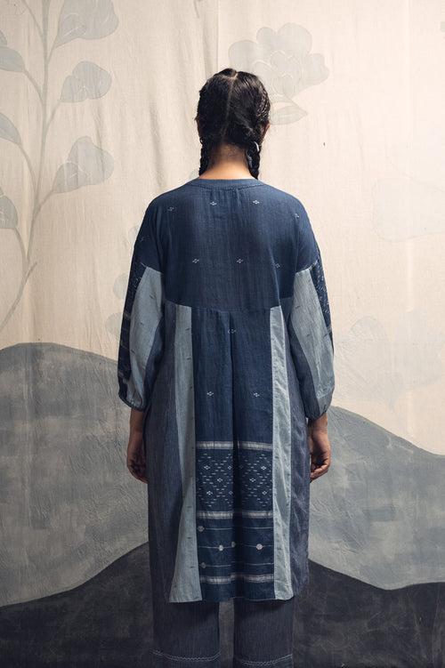 Natural dyed indigo hand woven khadi cotton jamdani asymetric cord set