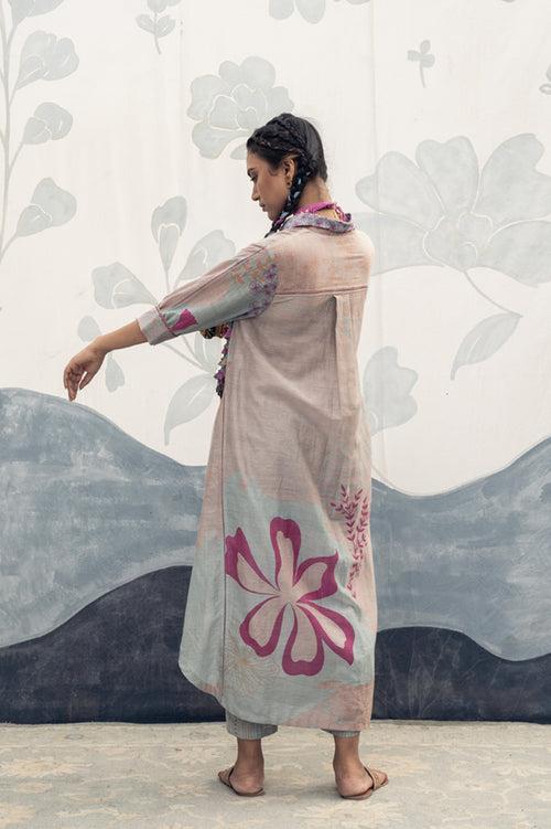 Pink and sky blue hand woven, hand printed silk cotton Ainara long length shirt Cord Set.