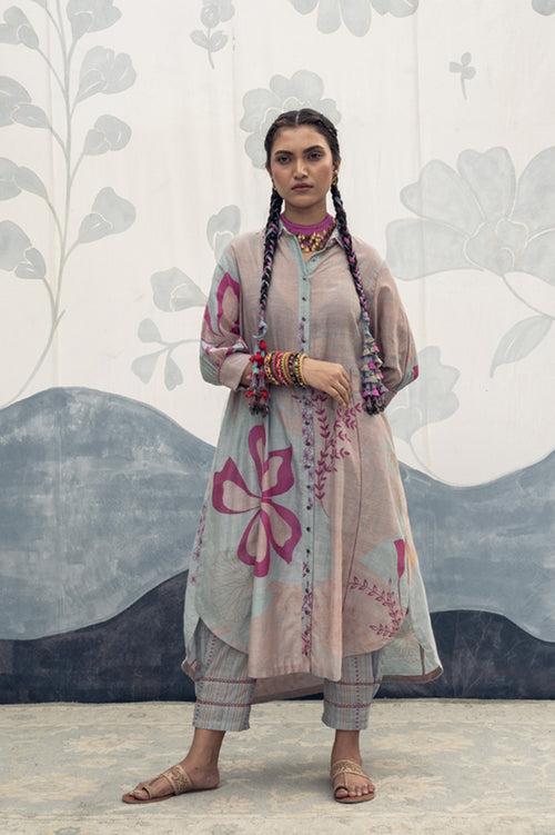 Pink and sky blue hand woven, hand printed silk cotton Ainara long length shirt Cord Set.