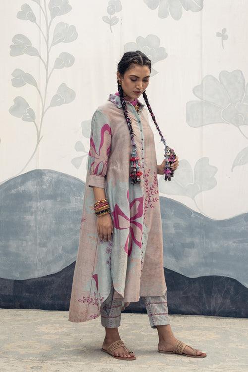 Pink and sky blue hand woven, hand printed silk cotton Ainara long length shirt Cord Set.