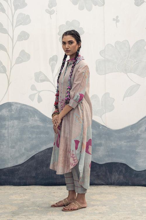 Pink and sky blue hand woven, hand printed silk cotton Ainara long length shirt Cord Set.