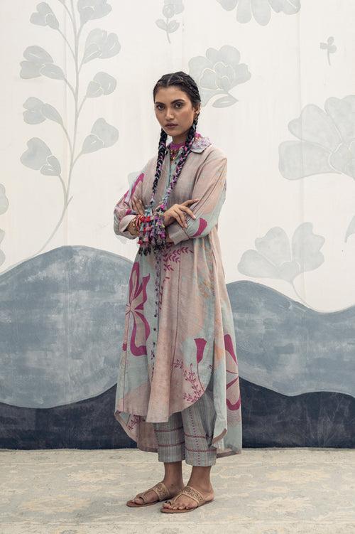 Pink and sky blue hand woven, hand printed silk cotton Ainara long length shirt Cord Set.