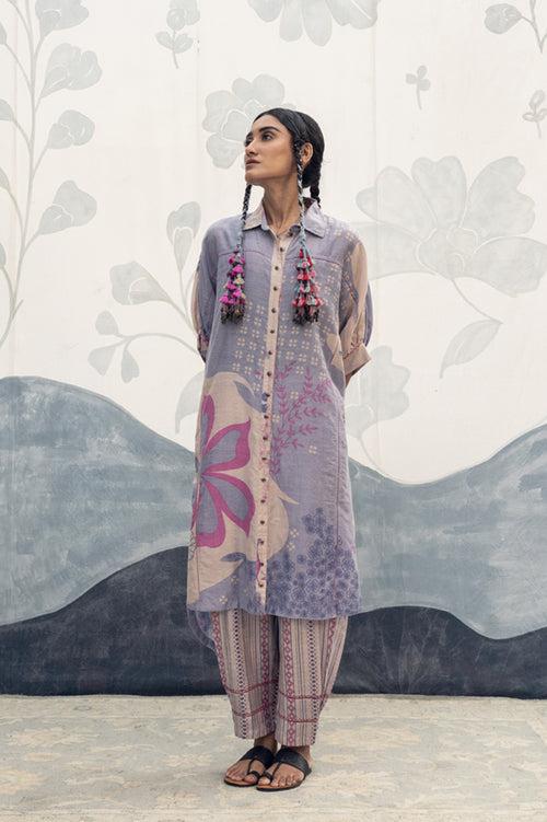 Mauve and blue multicolor hand woven, hand printed Juliana silk cotton antifit long shirt Cord set.