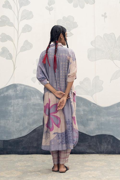 Mauve and blue multicolor hand woven, hand printed Juliana silk cotton antifit long shirt Cord set.