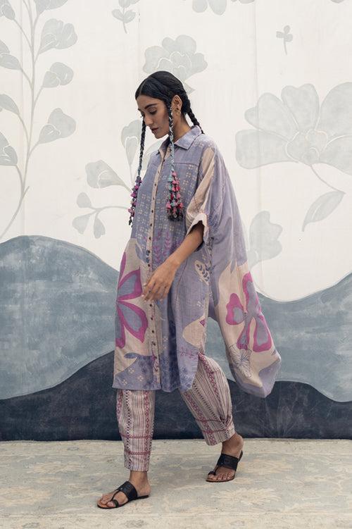 Mauve and blue multicolor hand woven, hand printed Juliana silk cotton antifit long shirt Cord set.