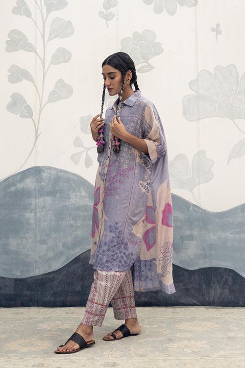 Mauve and blue multicolor hand woven, hand printed Juliana silk cotton antifit long shirt Cord set.