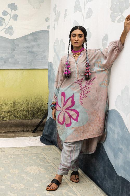 Pink and sky blue hand woven, hand printed Luisa silk cotton long antifit shirt Cord set.