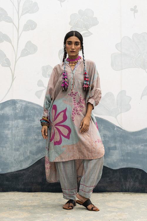 Pink and sky blue hand woven, hand printed Luisa silk cotton long antifit shirt Cord set.