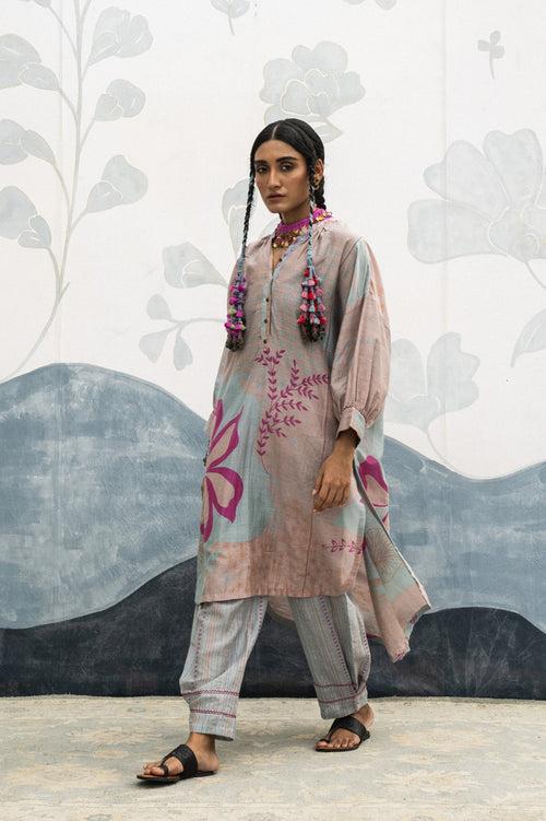 Pink and sky blue hand woven, hand printed Luisa silk cotton long antifit shirt Cord set.