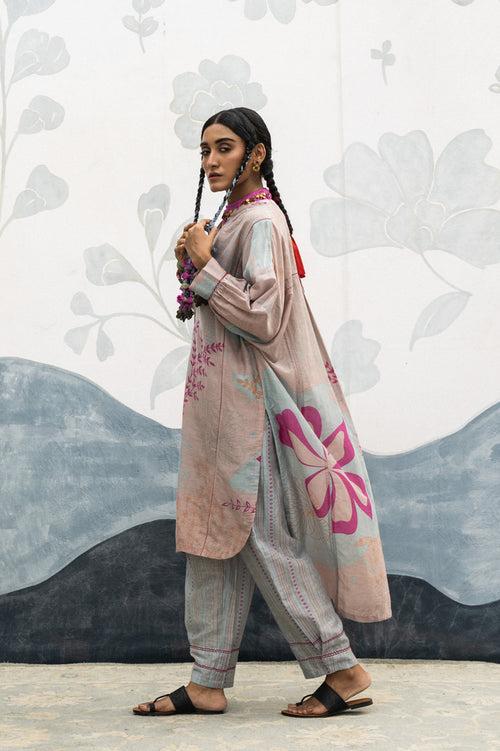 Pink and sky blue hand woven, hand printed Luisa silk cotton long antifit shirt Cord set.