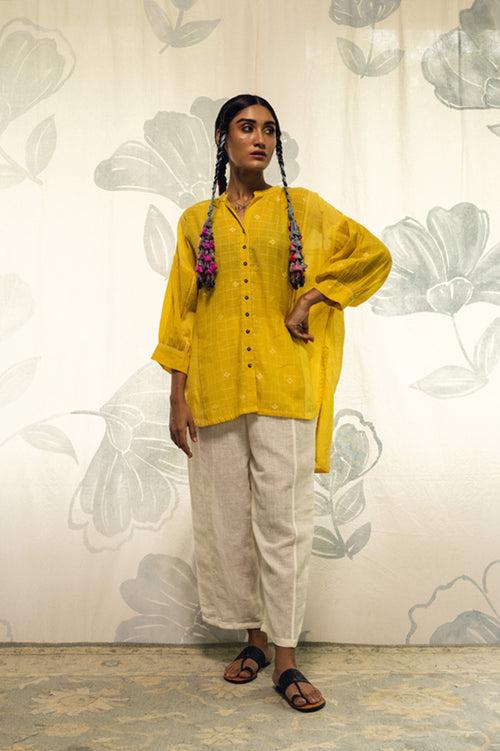 Yellow hand woven khadi cotton jamdani Frida antifit kimono shirt.