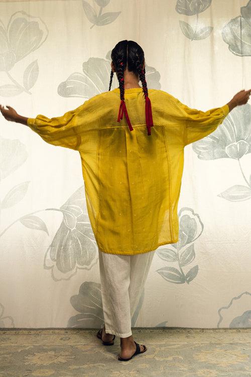 Yellow hand woven khadi cotton jamdani Frida antifit kimono shirt.
