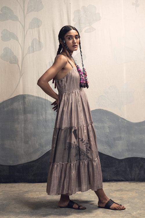 Grey and charcoal multicolor hand woven, hand printed Ikal silk cotton sleeveless tier dress.