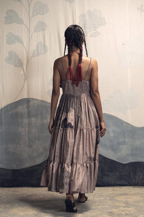 Grey and charcoal multicolor hand woven, hand printed Ikal silk cotton sleeveless tier dress.