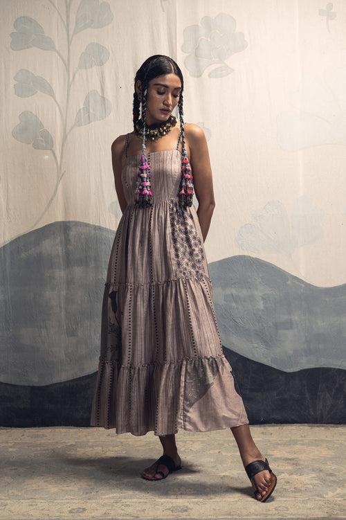 Grey and charcoal multicolor hand woven, hand printed Ikal silk cotton sleeveless tier dress.