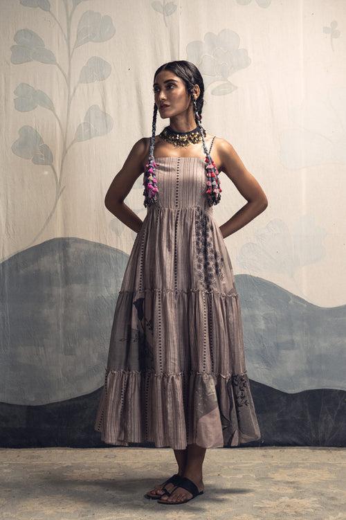 Grey and charcoal multicolor hand woven, hand printed Ikal silk cotton sleeveless tier dress.