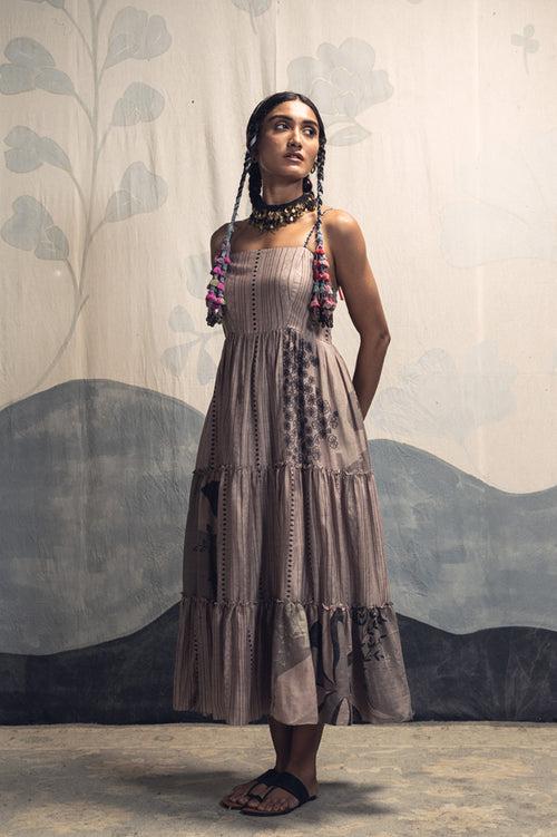 Grey and charcoal multicolor hand woven, hand printed Ikal silk cotton sleeveless tier dress.
