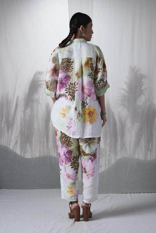 Snuff floral printed, hand woven linen Ceiba kimono shirt paired with pants, Sustainable Cord set