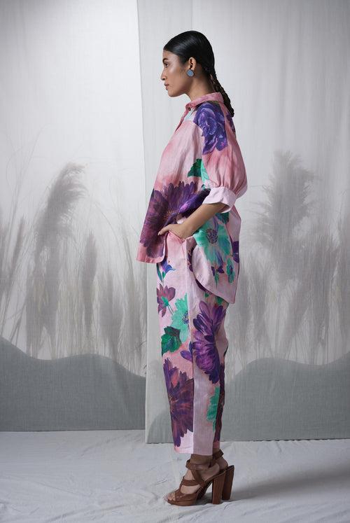 Pink floral printed, hand woven linen Kauri kimono shirt paired with pants, Sustainable Cord set